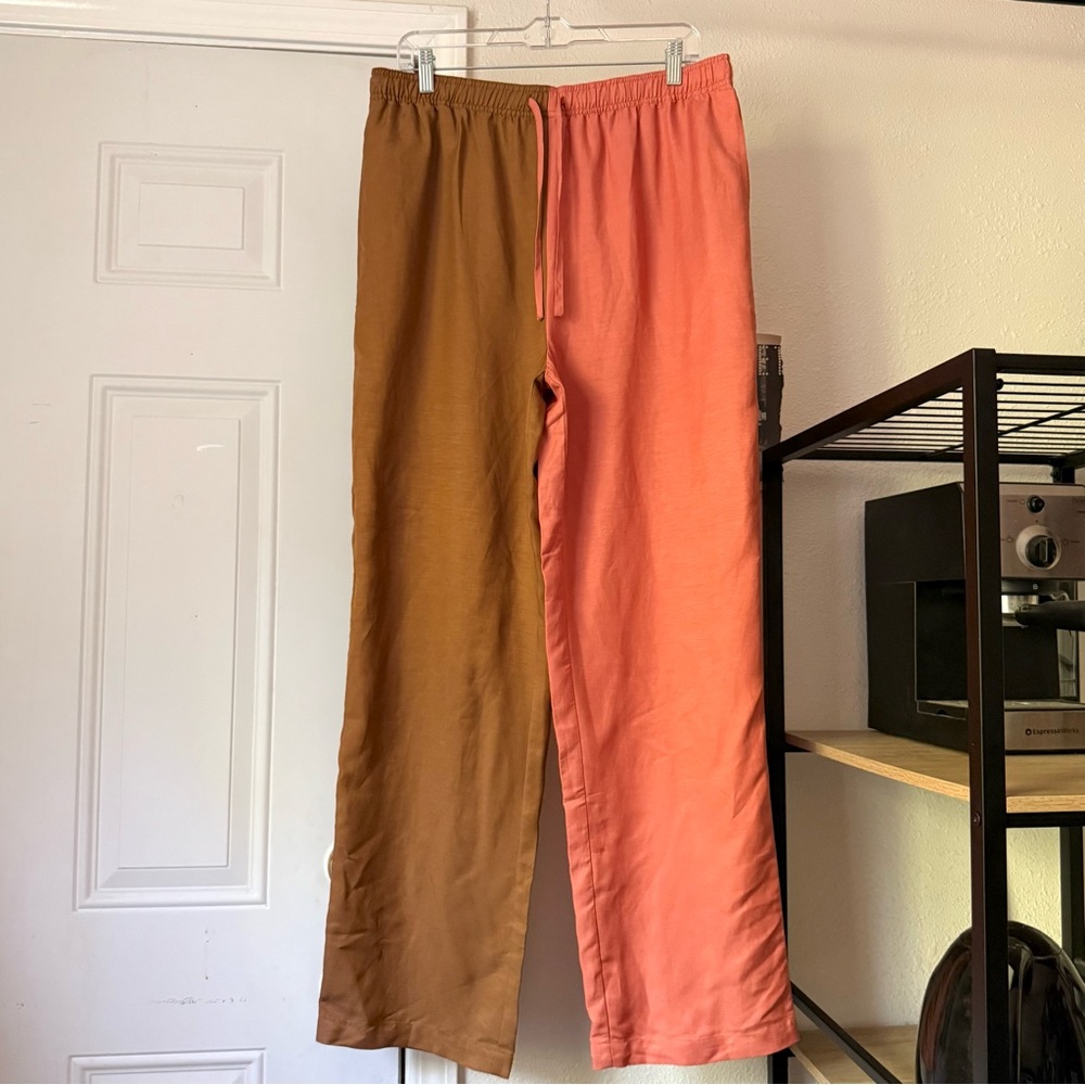 THE BRIGHT SIDE brown peach colorblock wide straight leg pants